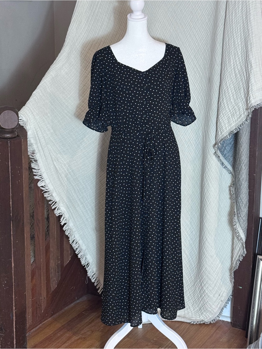 Black Polka Dot Maxi Dress with Ruffle Sleeves - Picture 2 of 5
